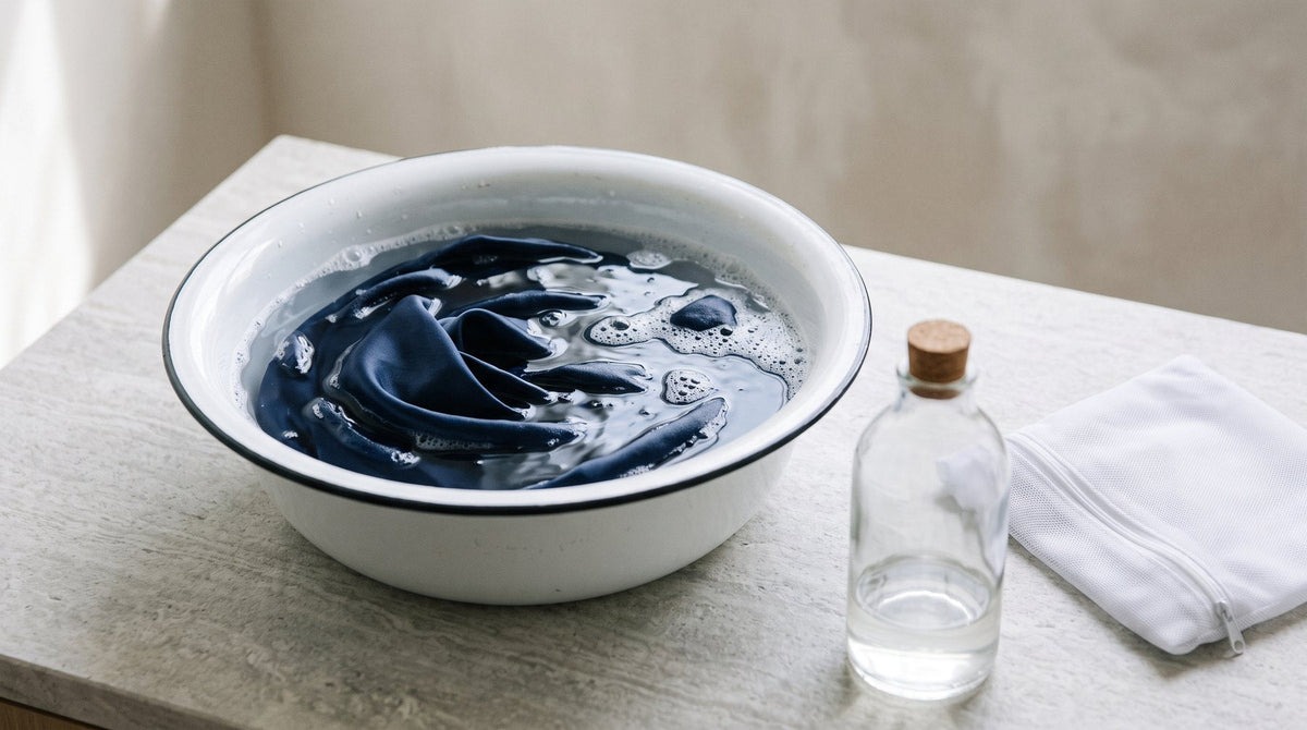 A navy silk pillowcase soaking in a basin of water beside a mesh laundry bag and detergent