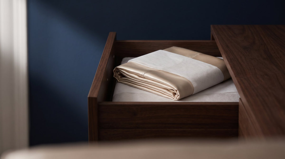 A folded mulberry silk pillowcase resting on a made bed in soft morning light