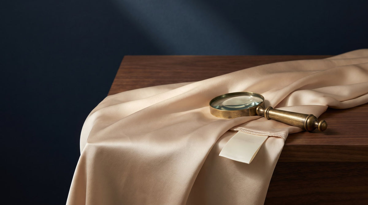 A folded ivory mulberry silk pillowcase on a wooden table, its sewn-in fabric label turned toward the camera