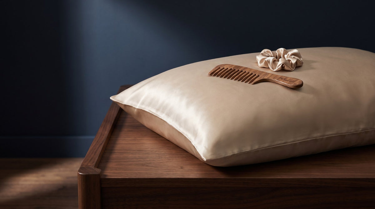A cream mulberry silk pillowcase on a bed with a matching silk scrunchie resting beside it