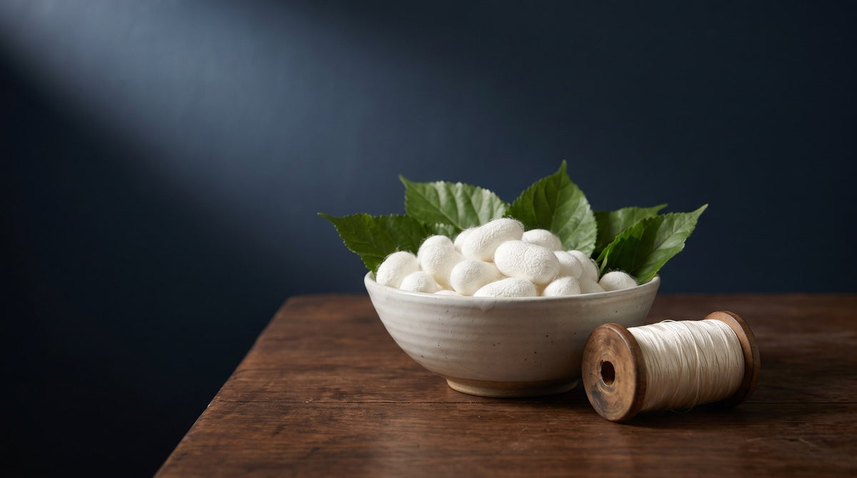 White silkworm cocoons in a shallow bowl beside a skein of undyed raw silk thread on a linen cloth