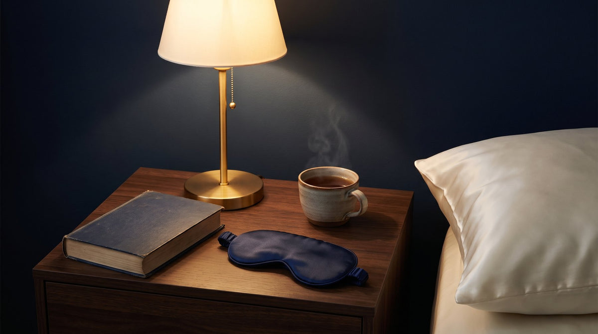 A bedside table with a small lamp, a book and a folded silk sleep mask next to a neatly made bed