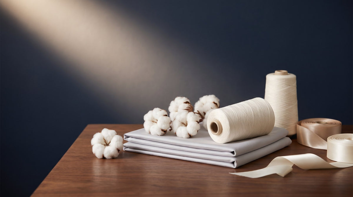 Close view of smooth white cotton jacquard bedding with a subtle woven pattern, folded on a bed