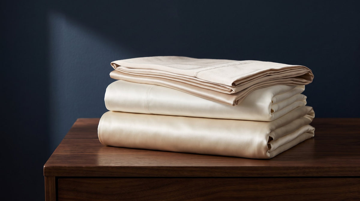 Two folded mulberry silk pillowcases of different weights stacked on a linen surface in soft daylight
