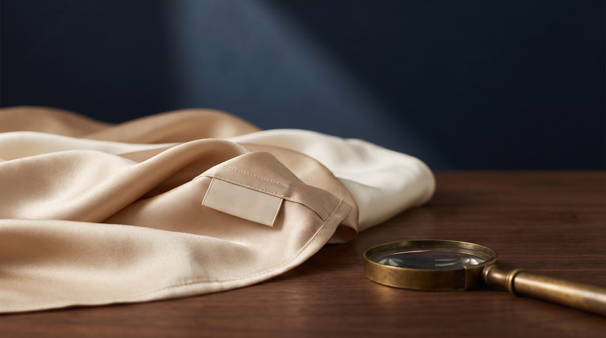 A sewn-in fabric label on the edge of a folded silk pillowcase