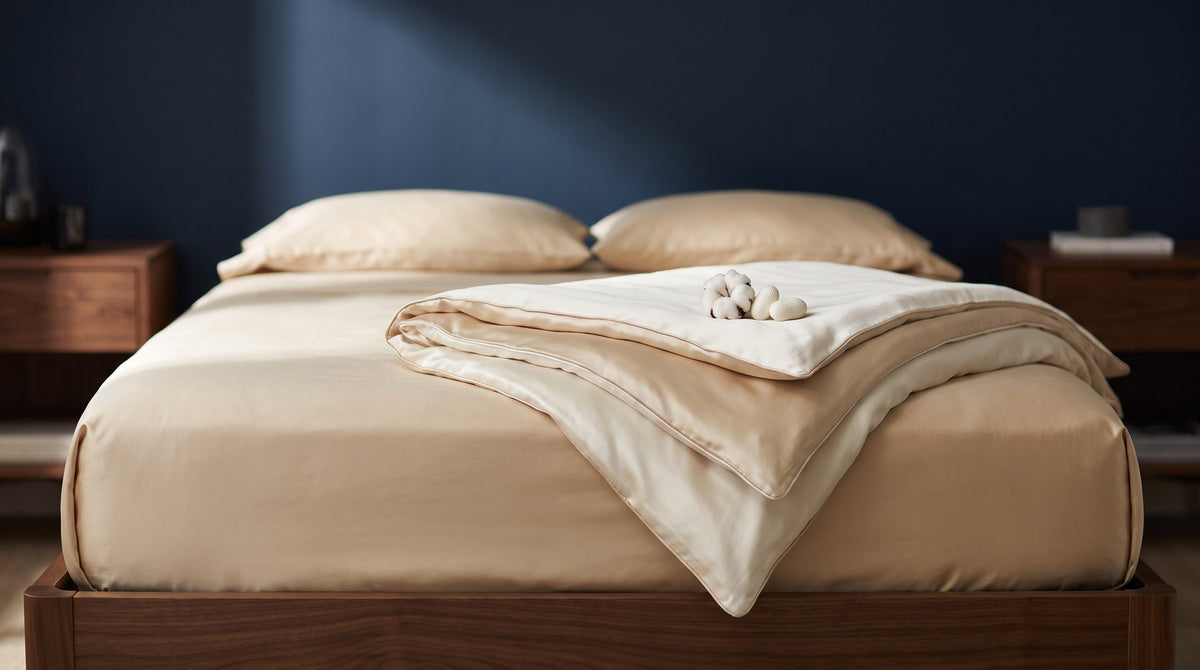 A neatly made bed with smooth silk and cotton satin bedding in a soft neutral color