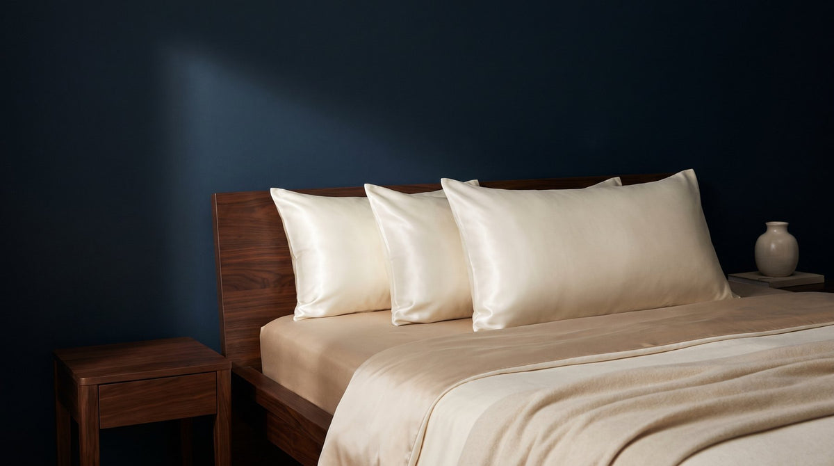 Three silk pillowcases in Standard, Queen and King sizes laid flat on a bed
