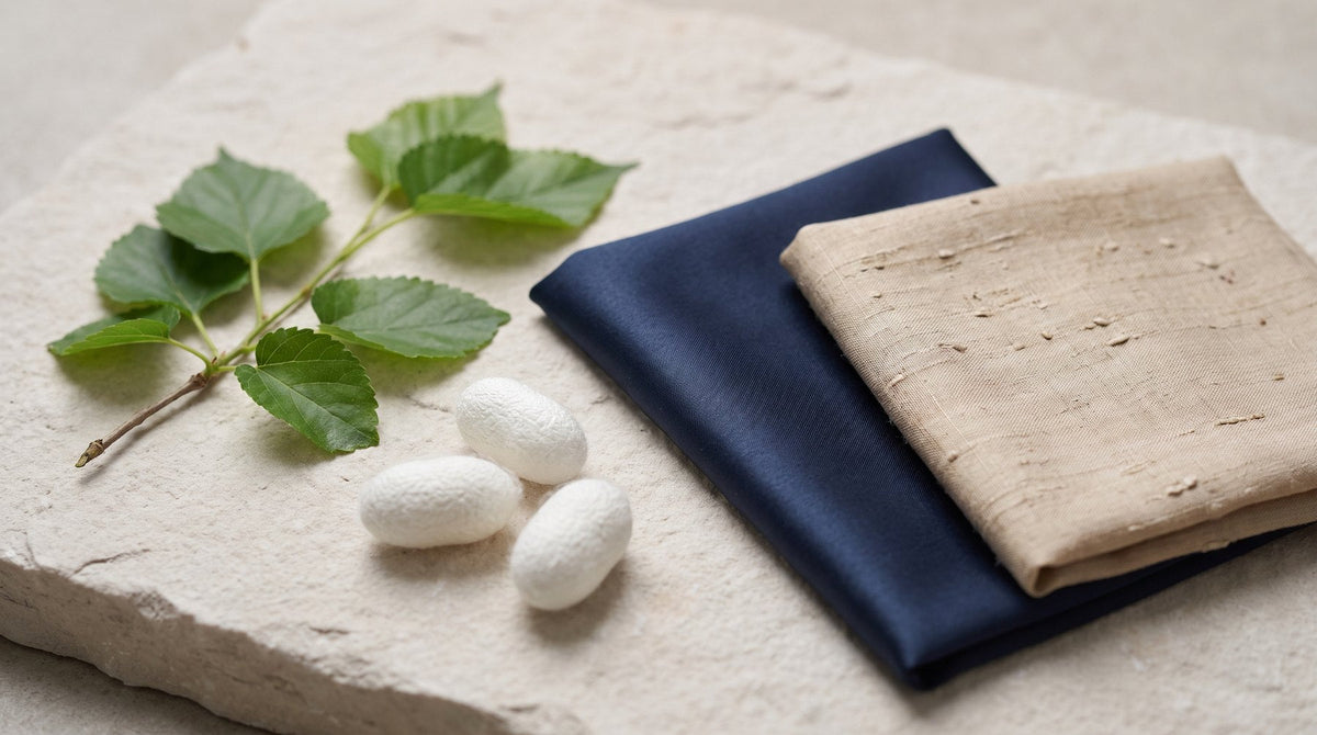 Mulberry leaves and silk cocoons beside smooth navy mulberry silk and rougher beige wild silk