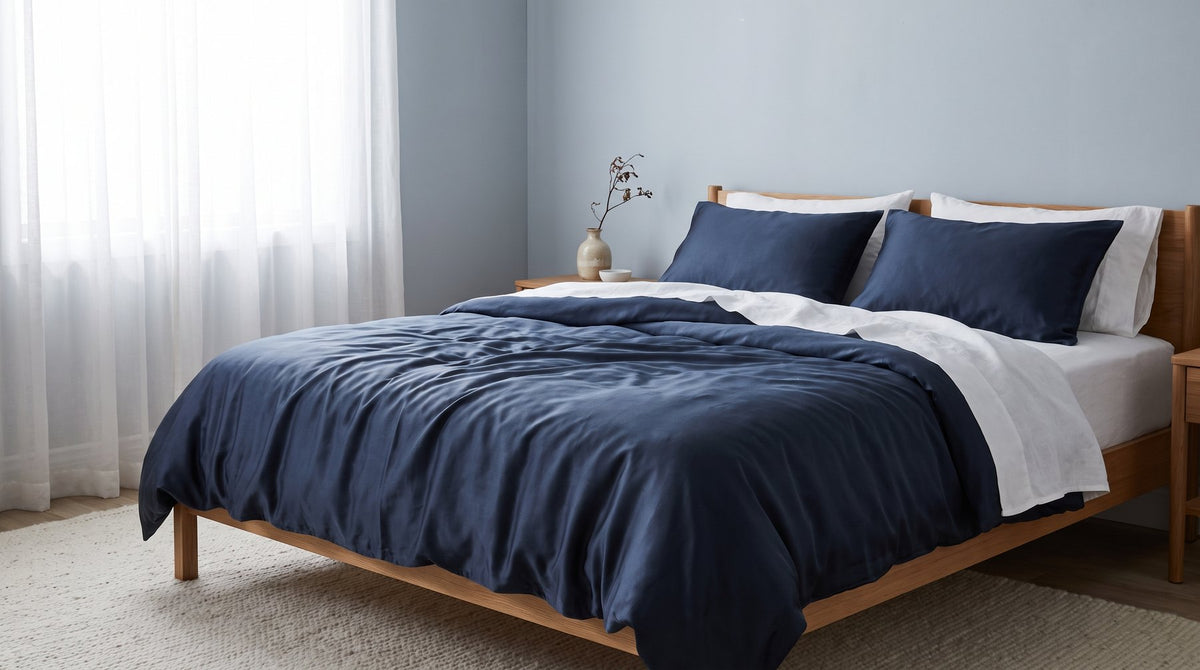 A bed dressed in a navy mulberry silk duvet cover with matching pillowcases