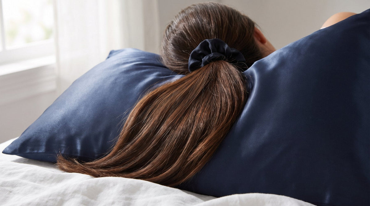 Long brown hair lying smoothly across a navy mulberry silk pillowcase