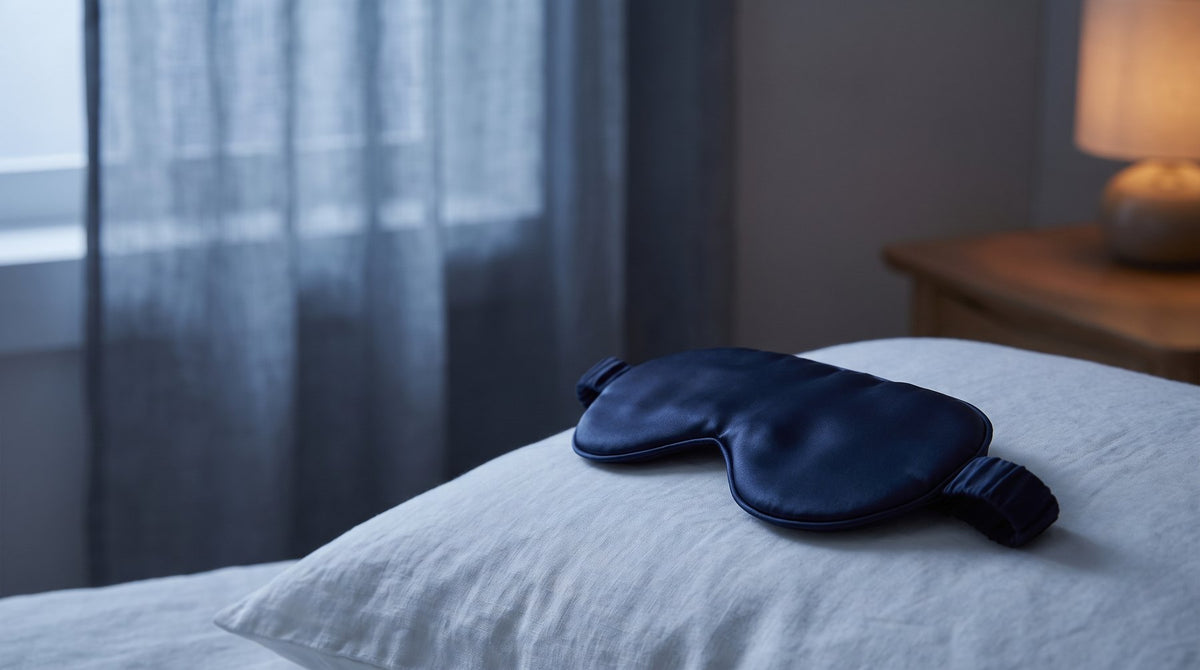 A navy silk sleep mask resting on a pillow in a dim bedroom at night