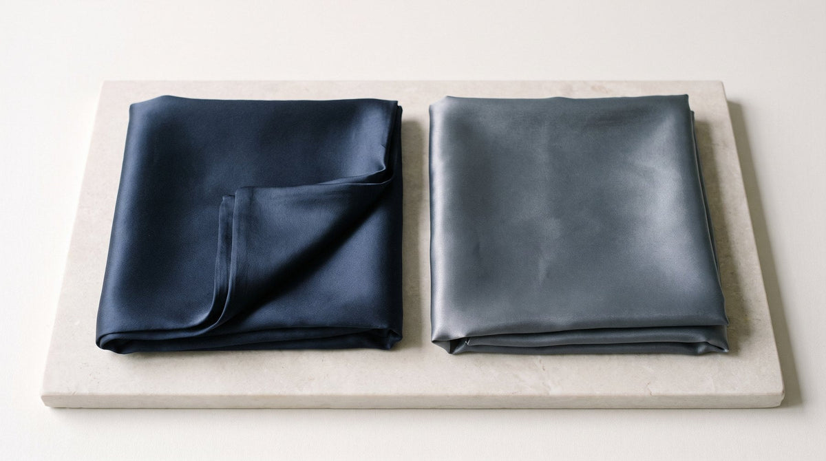 A navy mulberry silk pillowcase next to a grey polyester satin pillowcase