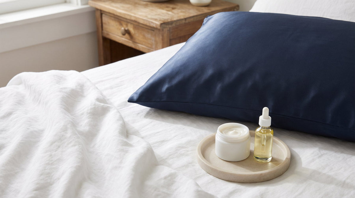 A navy silk pillowcase on a white bed beside a tray with night cream and facial oil