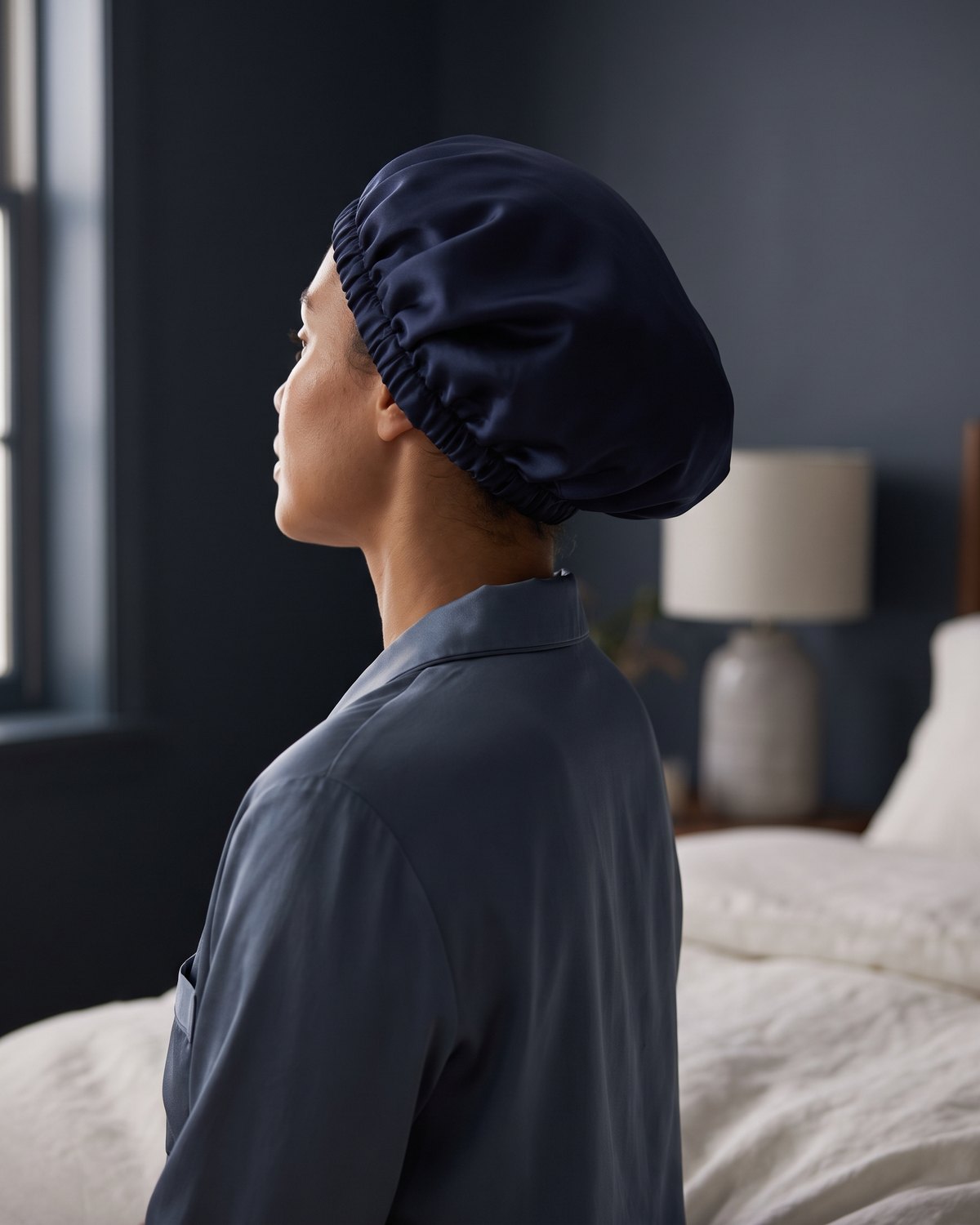 Woman wearing a navy silk hair bonnet for sleeping
