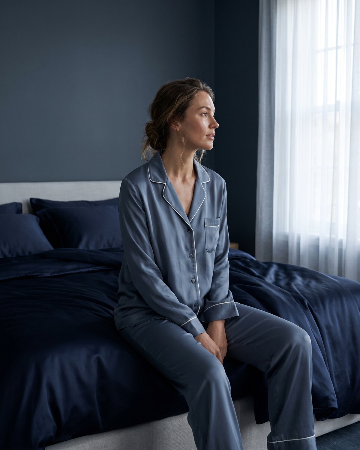 Woman in a slate blue silk pajama set sitting on a bed