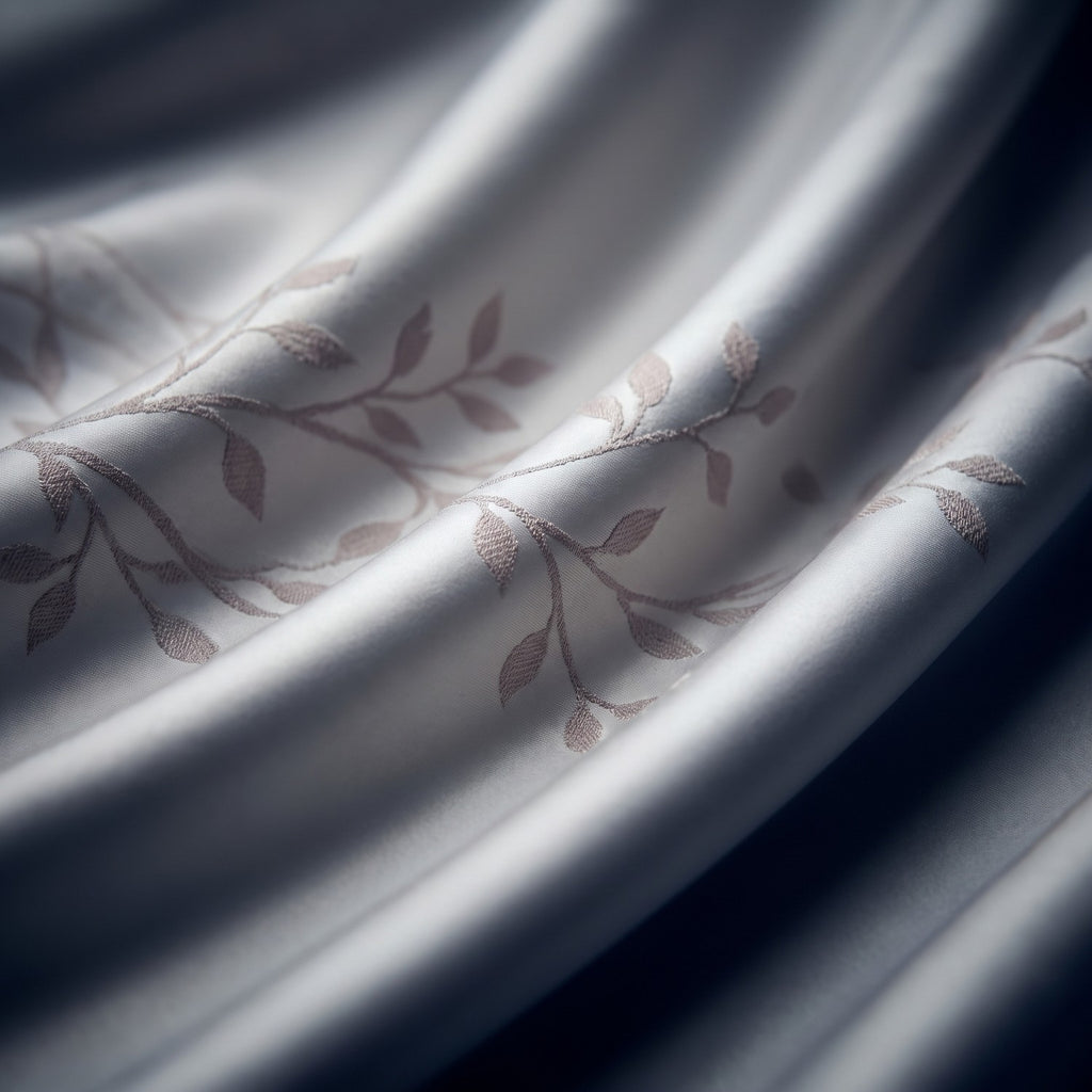 Close-up of the Forest Mist jacquard weave with its woven leaf pattern