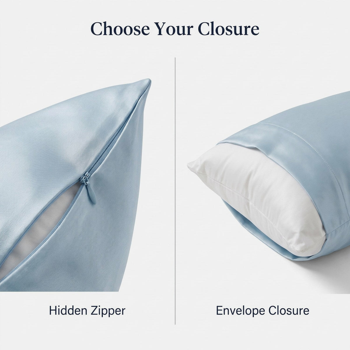 Hidden zipper and envelope closure options on the KINT 19 momme silk pillowcase