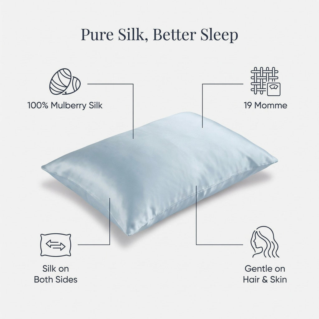 Features of the KINT 19 momme mulberry silk pillowcase: 100% mulberry silk on both sides, gentle on hair and skin