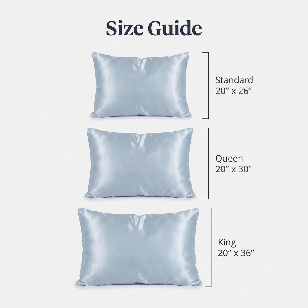 KINT silk pillowcase size guide: Standard 20 x 26 in, Queen 20 x 30 in, King 20 x 36 in
