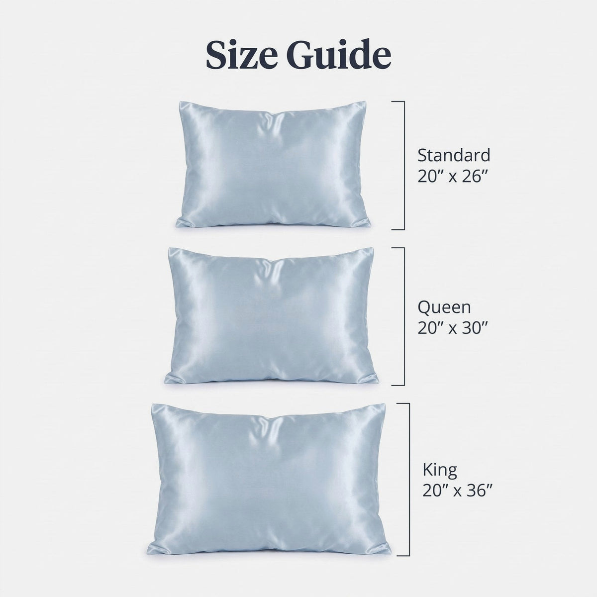 KINT silk pillowcase size guide: Standard 20 x 26 in, Queen 20 x 30 in, King 20 x 36 in