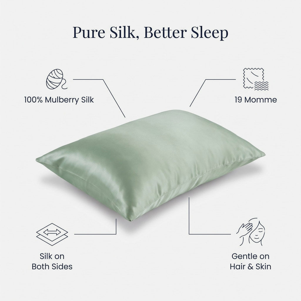Features of the KINT 19 momme mulberry silk pillowcase: 100% mulberry silk on both sides, gentle on hair and skin