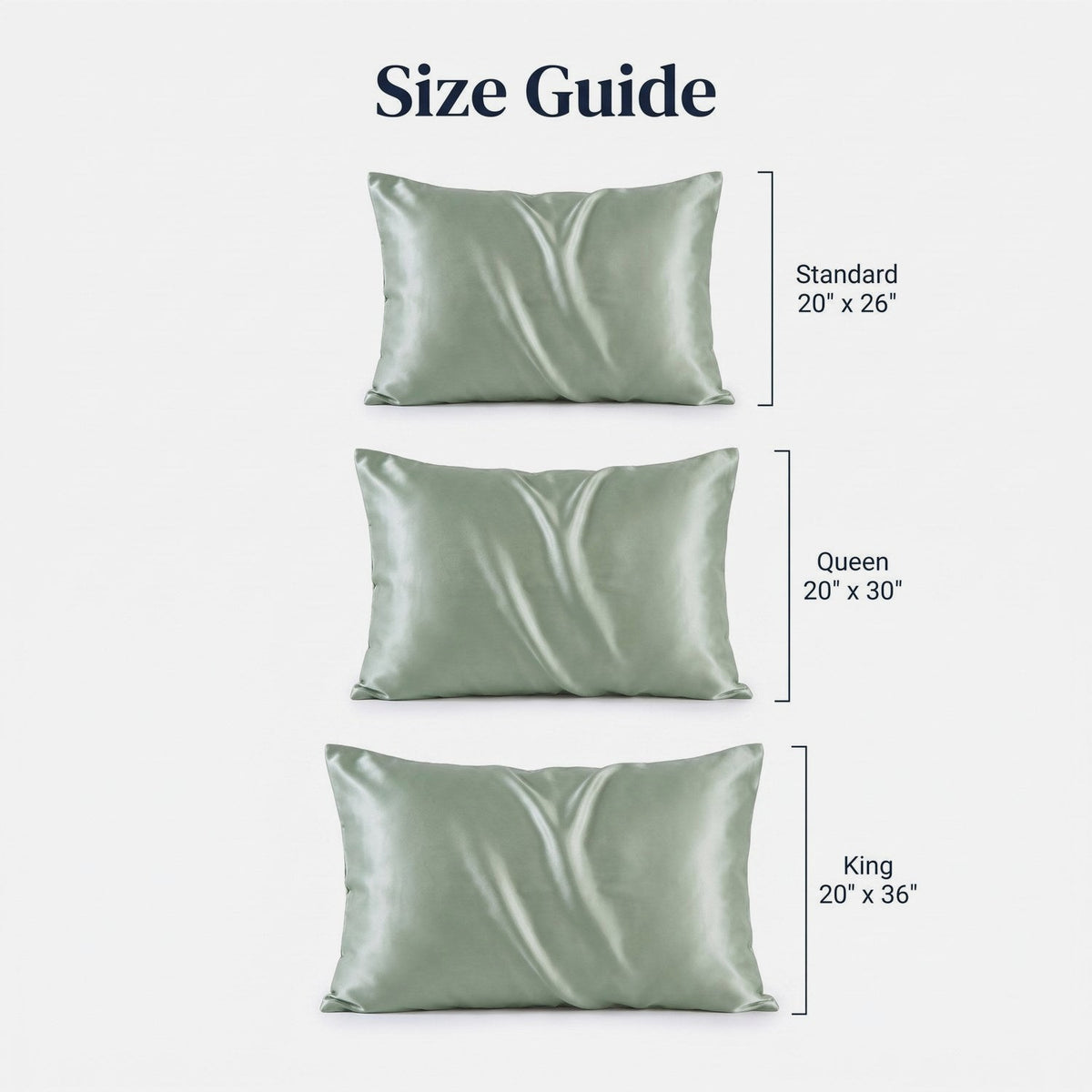 KINT silk pillowcase size guide: Standard 20 x 26 in, Queen 20 x 30 in, King 20 x 36 in