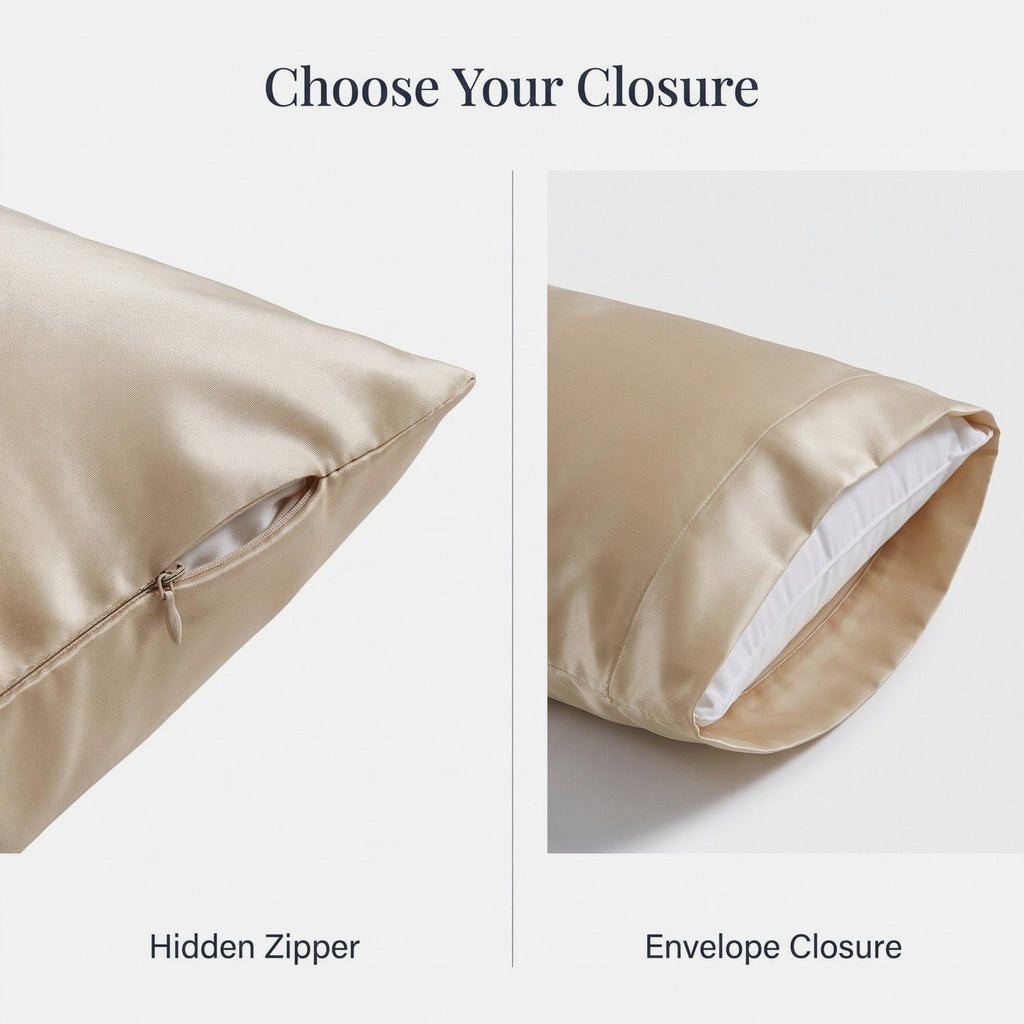 Hidden zipper and envelope closure options on the KINT 19 momme silk pillowcase
