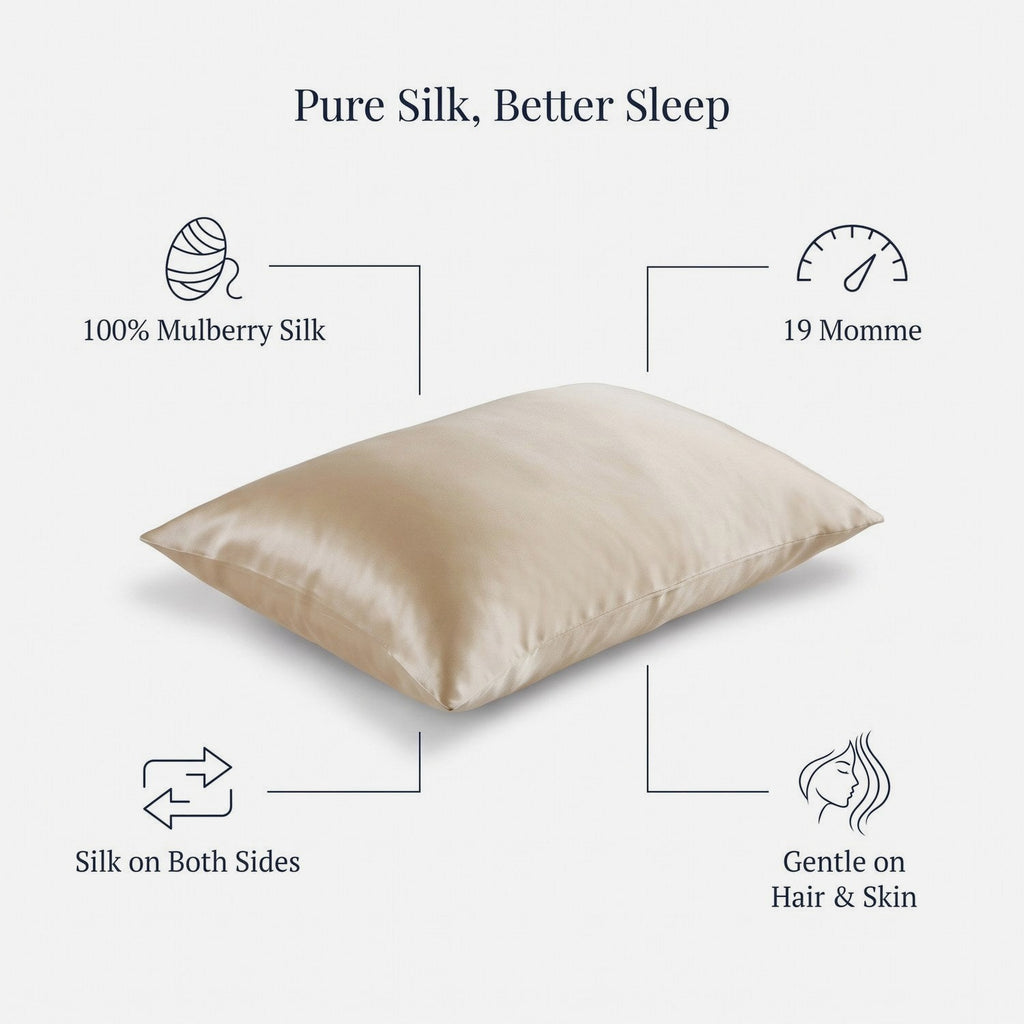 Features of the KINT 19 momme mulberry silk pillowcase: 100% mulberry silk on both sides, gentle on hair and skin