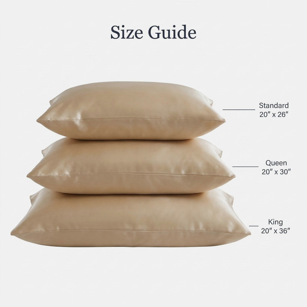 KINT silk pillowcase size guide: Standard 20 x 26 in, Queen 20 x 30 in, King 20 x 36 in