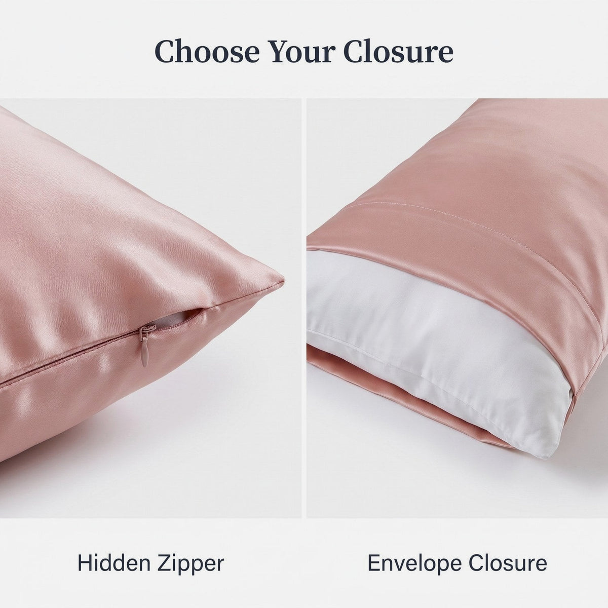 Hidden zipper and envelope closure options on the KINT 19 momme silk pillowcase