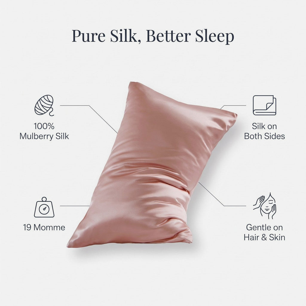 Features of the KINT 19 momme mulberry silk pillowcase: 100% mulberry silk on both sides, gentle on hair and skin