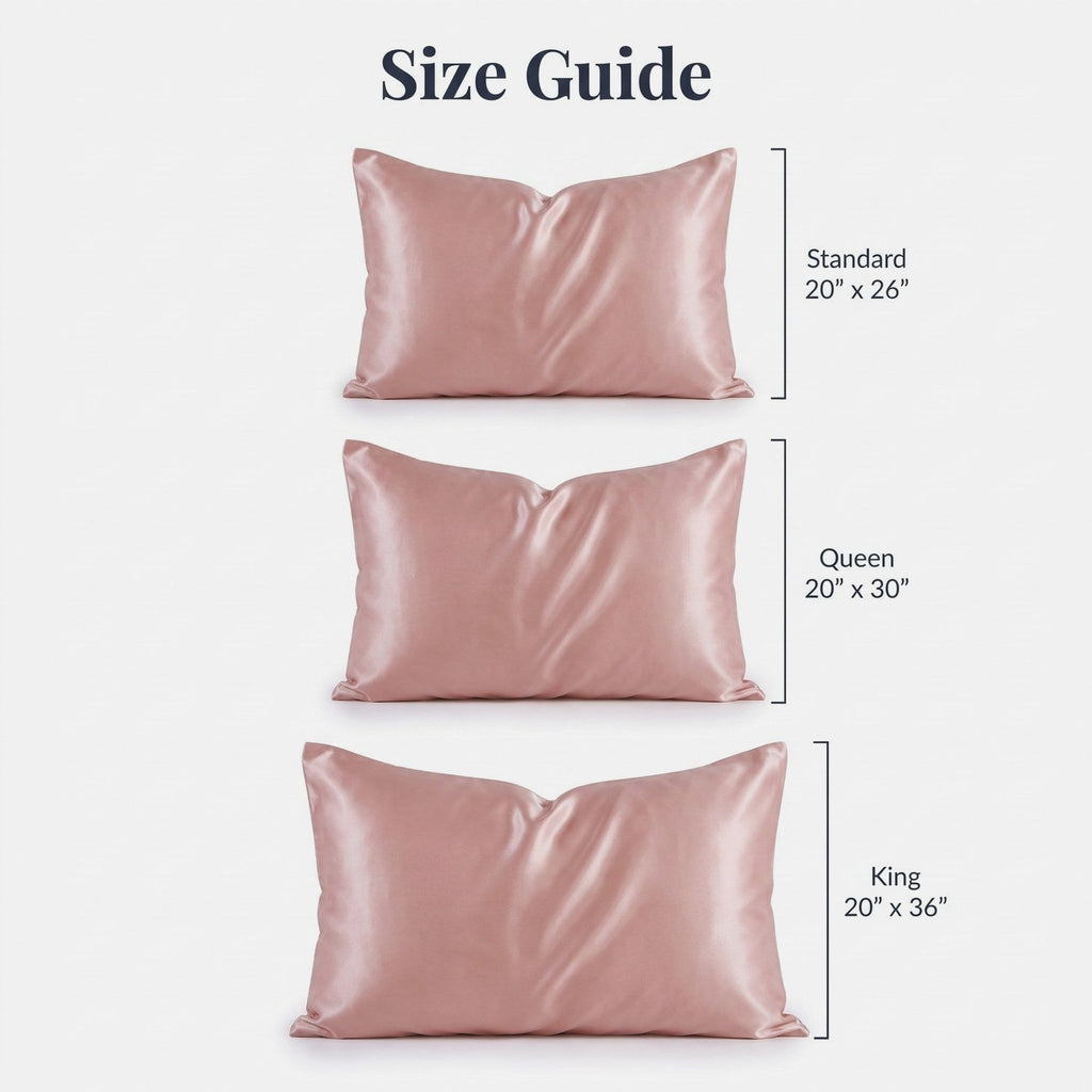 KINT silk pillowcase size guide: Standard 20 x 26 in, Queen 20 x 30 in, King 20 x 36 in
