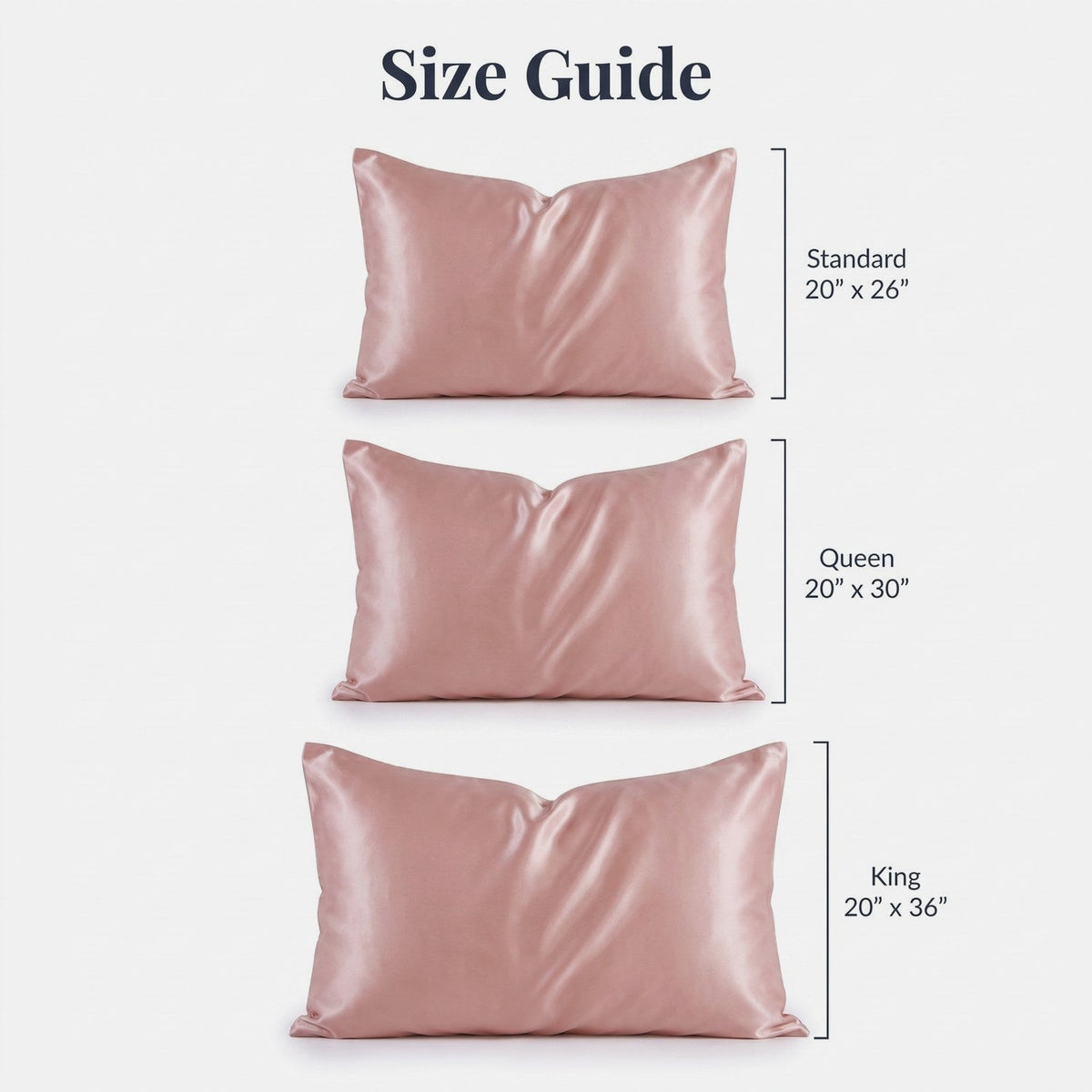 KINT silk pillowcase size guide: Standard 20 x 26 in, Queen 20 x 30 in, King 20 x 36 in