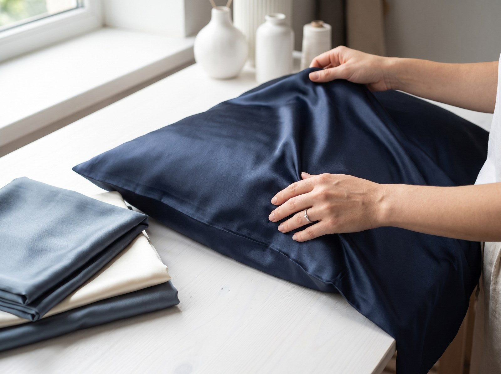 Hands smoothing a navy KINT silk pillowcase next to folded silk in grey and ivory
