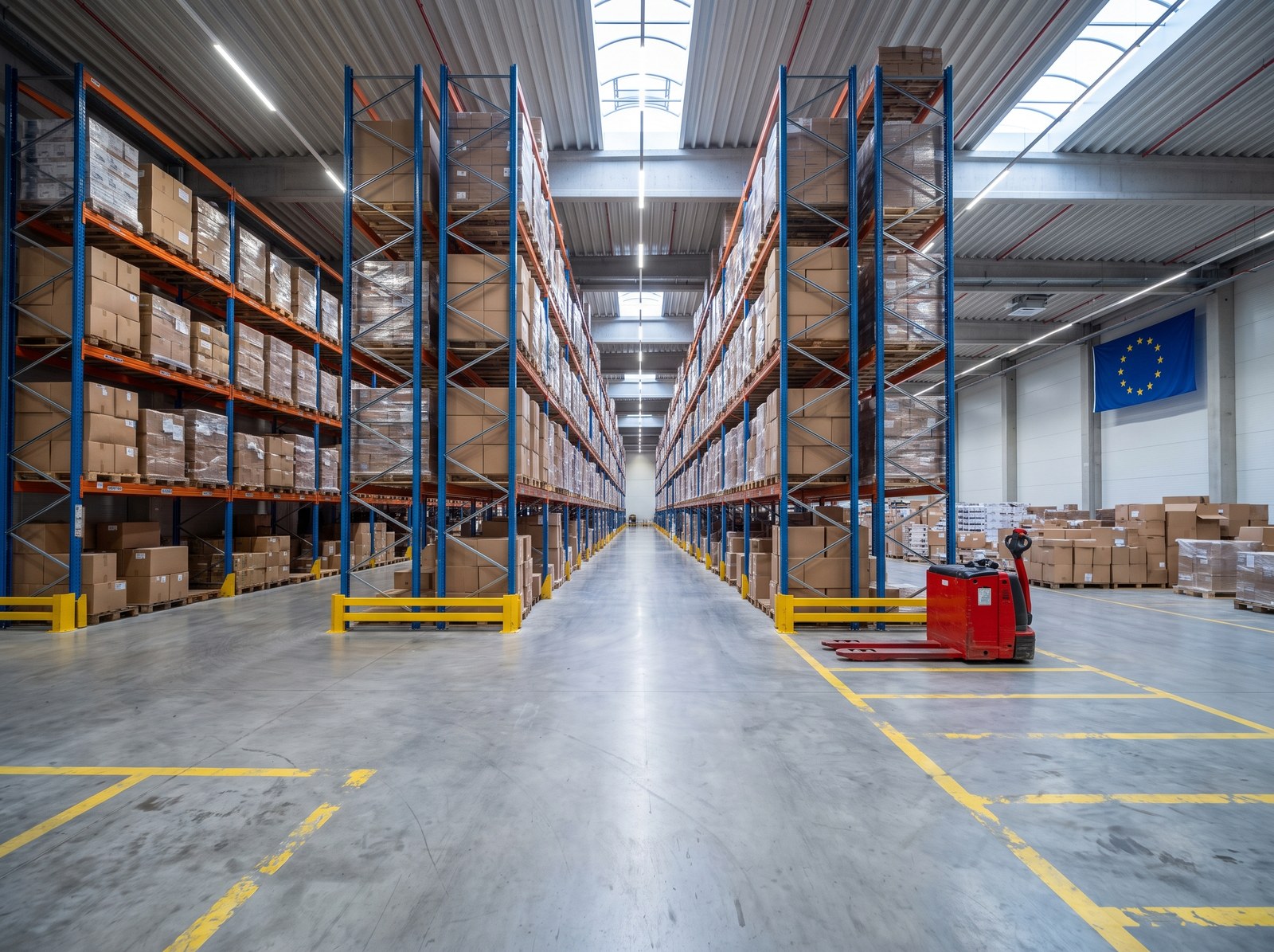 Logistics warehouse with tall pallet racking and a European Union flag