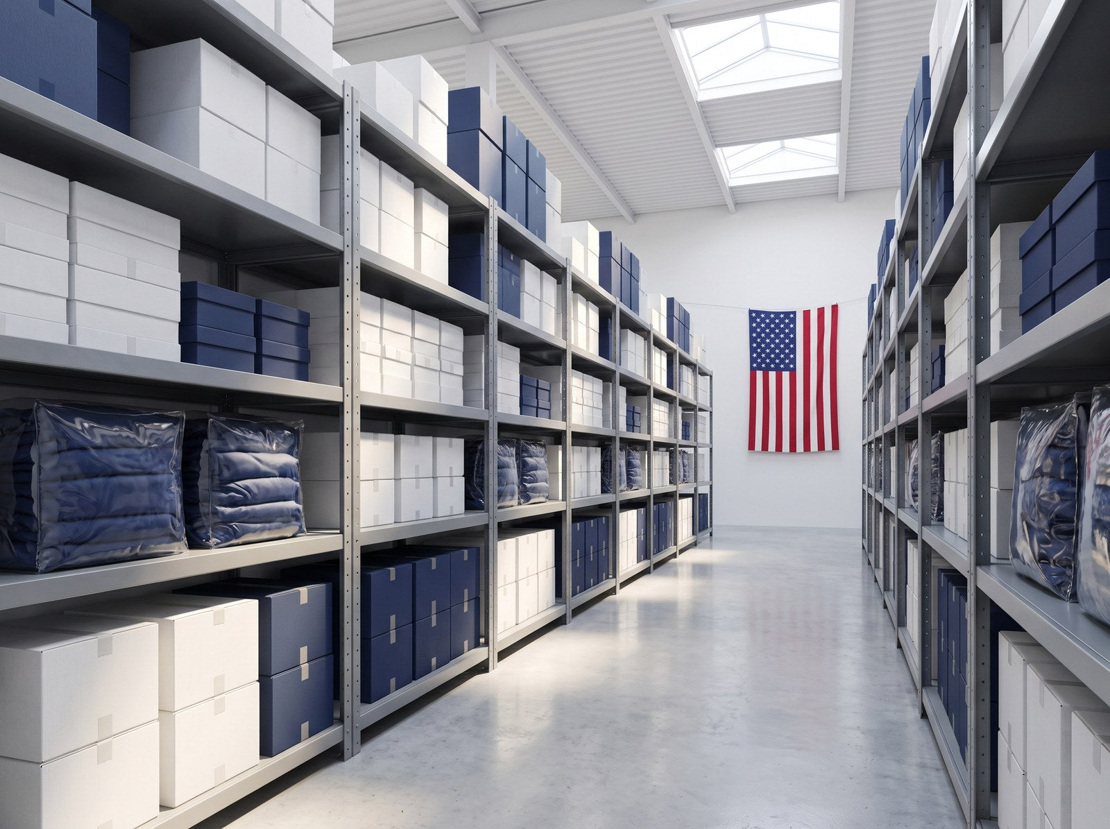 Warehouse shelves with navy and white parcels under a United States flag