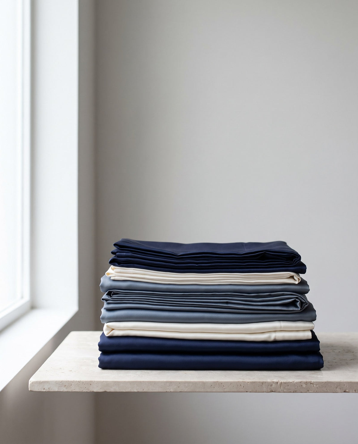 Stack of folded KINT silk pillowcases in navy, slate and ivory