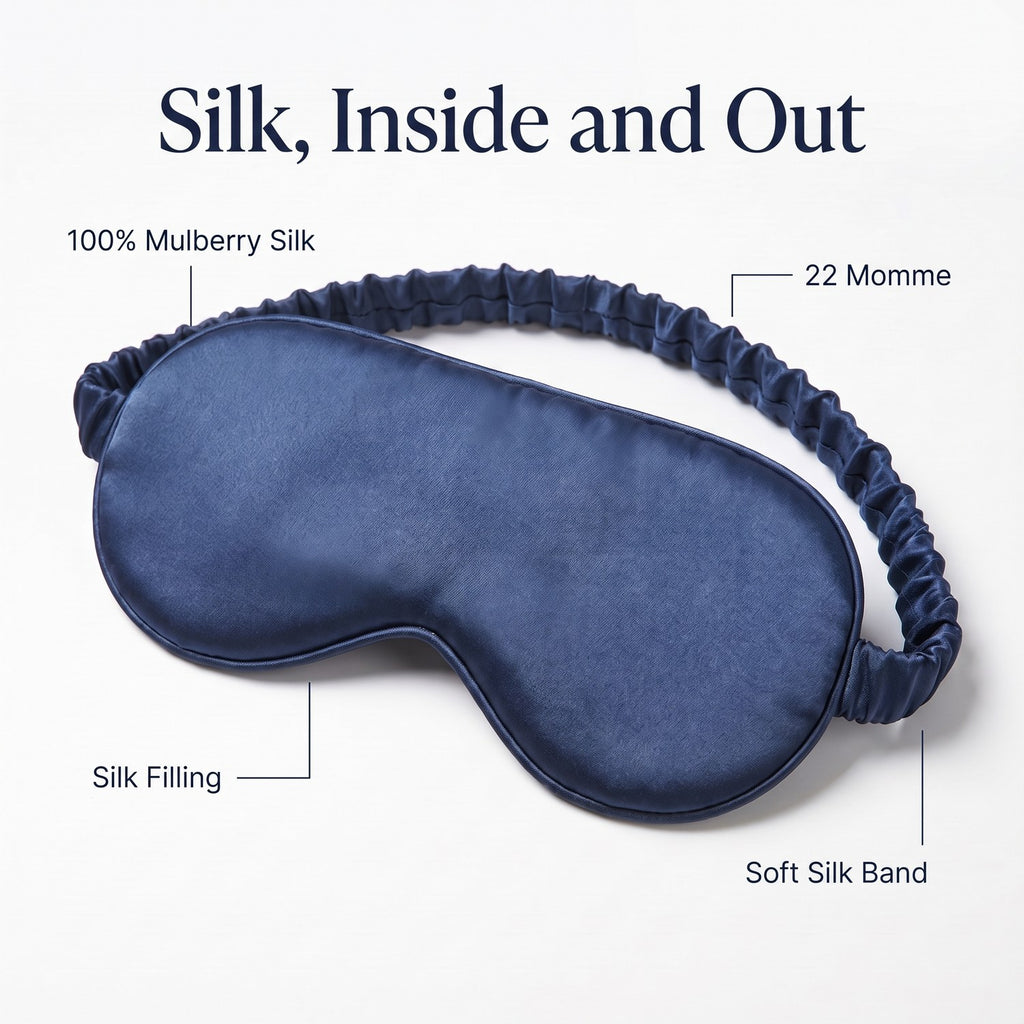 Features of the KINT classic 22 momme mulberry silk sleep mask: 100% mulberry silk, 22 momme, silk filling, soft silk band