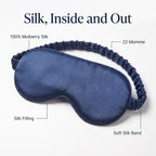 Features of the KINT classic 22 momme mulberry silk sleep mask: 100% mulberry silk, 22 momme, silk filling, soft silk band