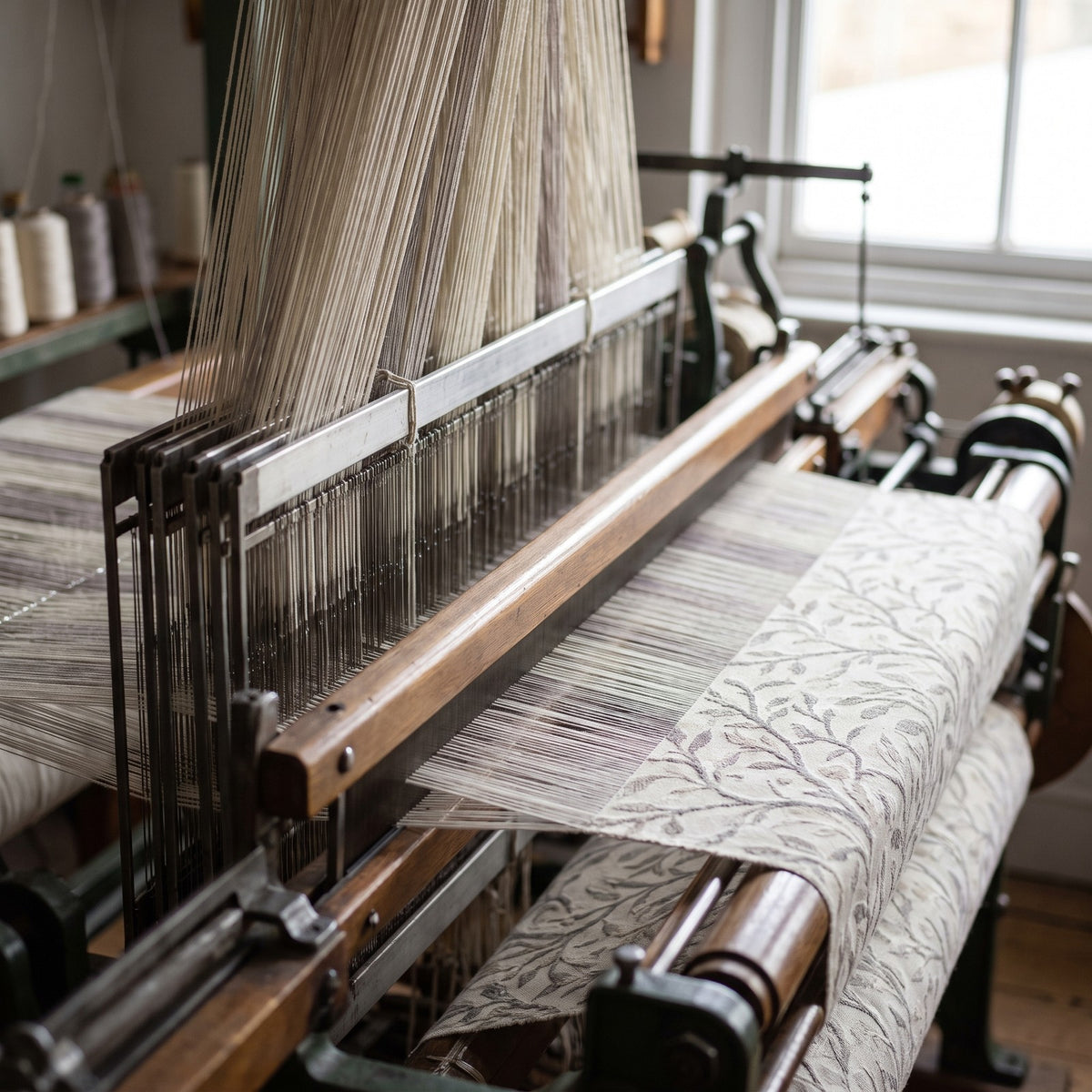 Jacquard loom weaving a leaf pattern into fine cotton