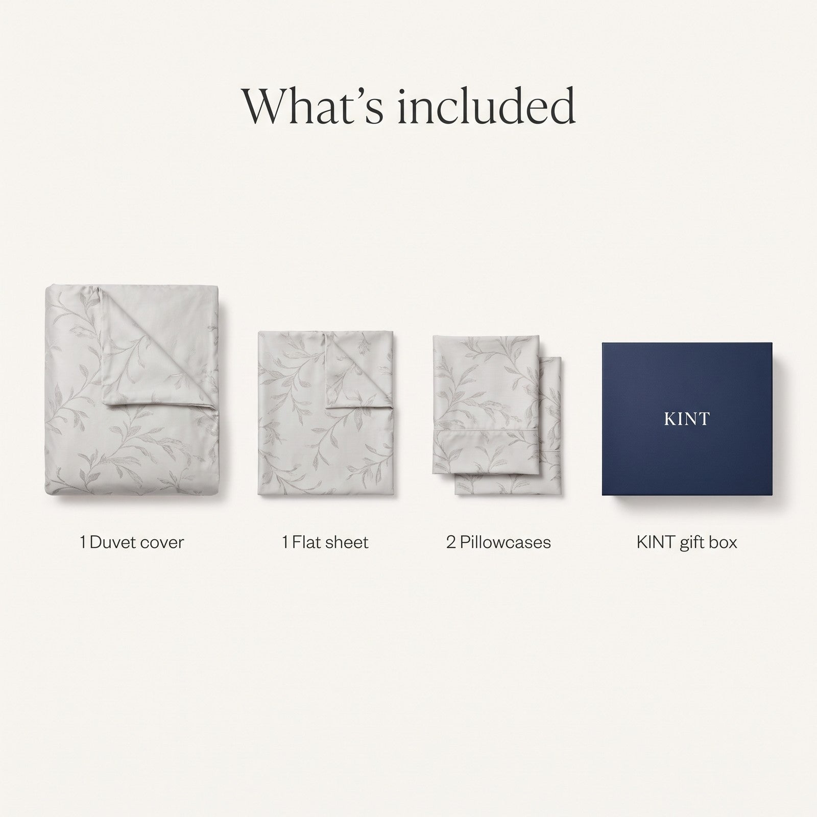 A duvet cover, a flat sheet, two pillowcases and a KINT gift box