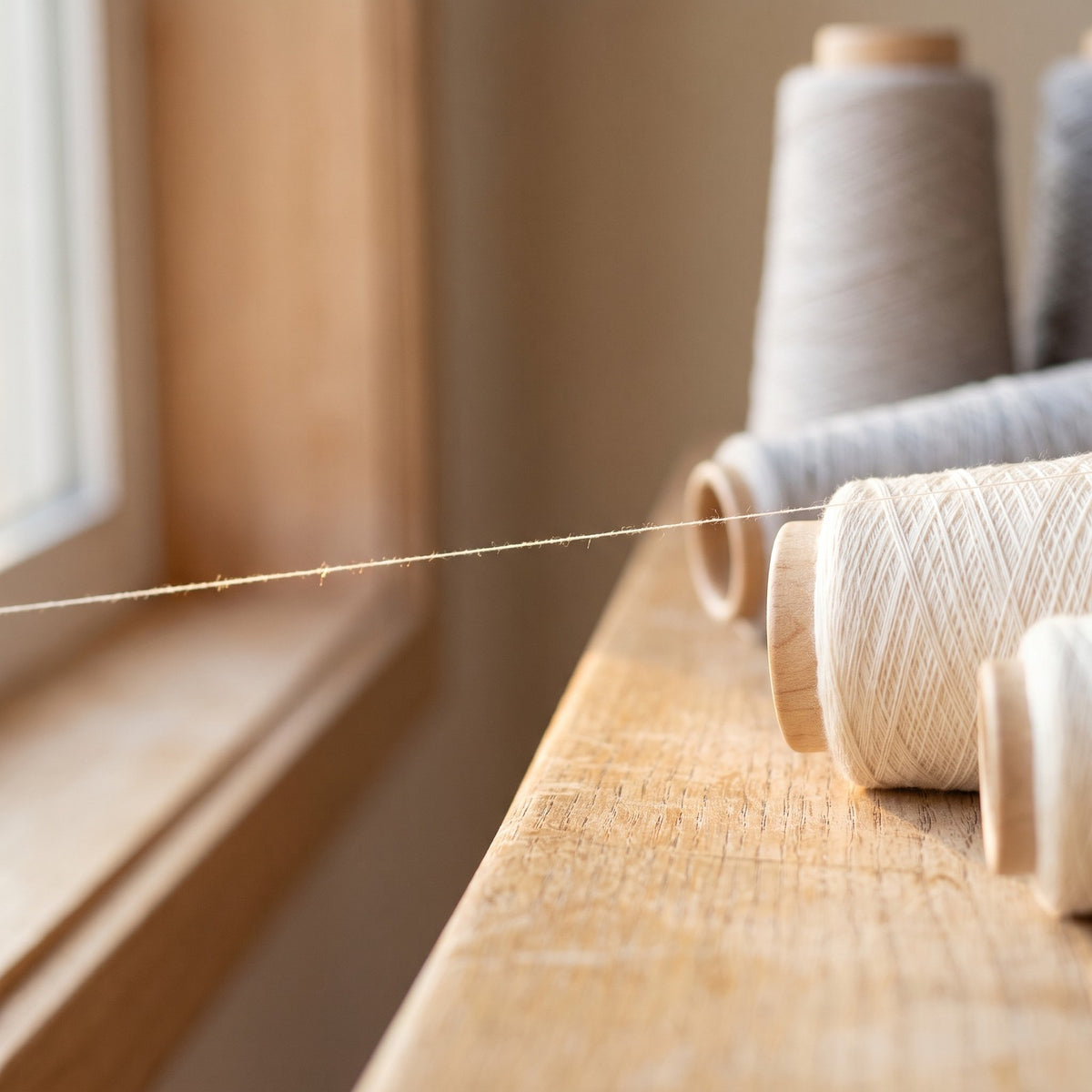 Cones of very fine combed cotton yarn with a single thread across the frame