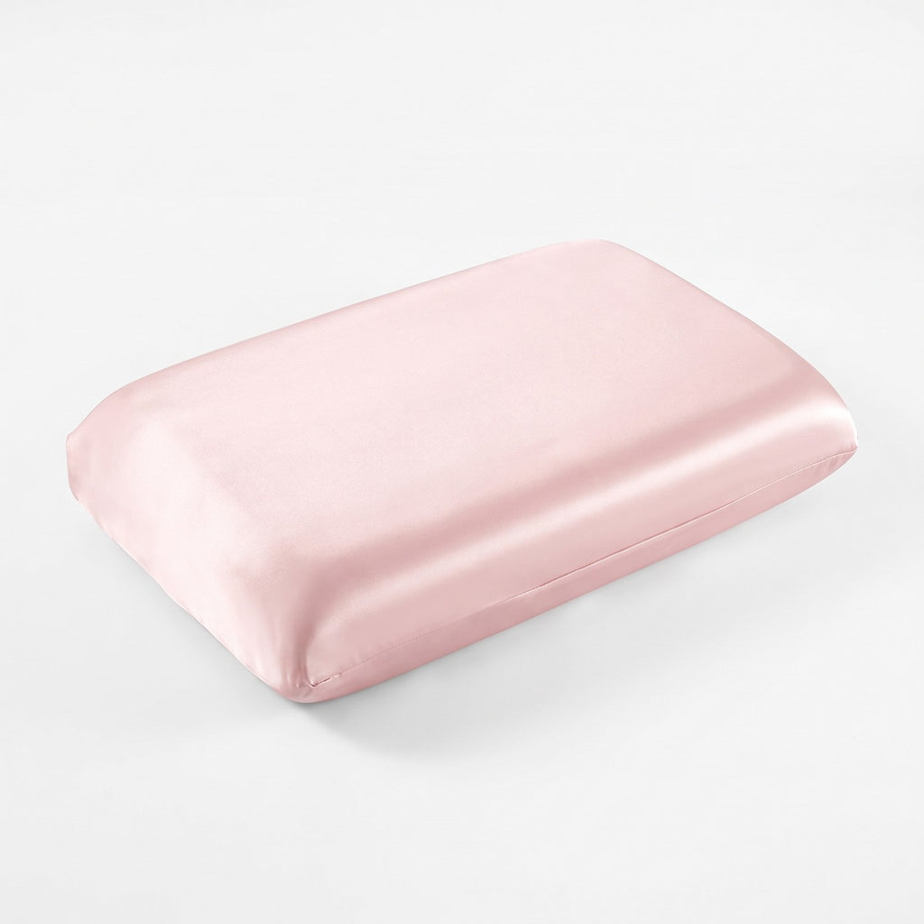 KINT fitted 19 momme mulberry silk pillow cover in Blush Pink, on a memory foam pillow