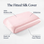 Features of the KINT fitted 19 momme mulberry silk pillow cover: 100% mulberry silk, 19 momme, elastic all around, fits memory foam pillows