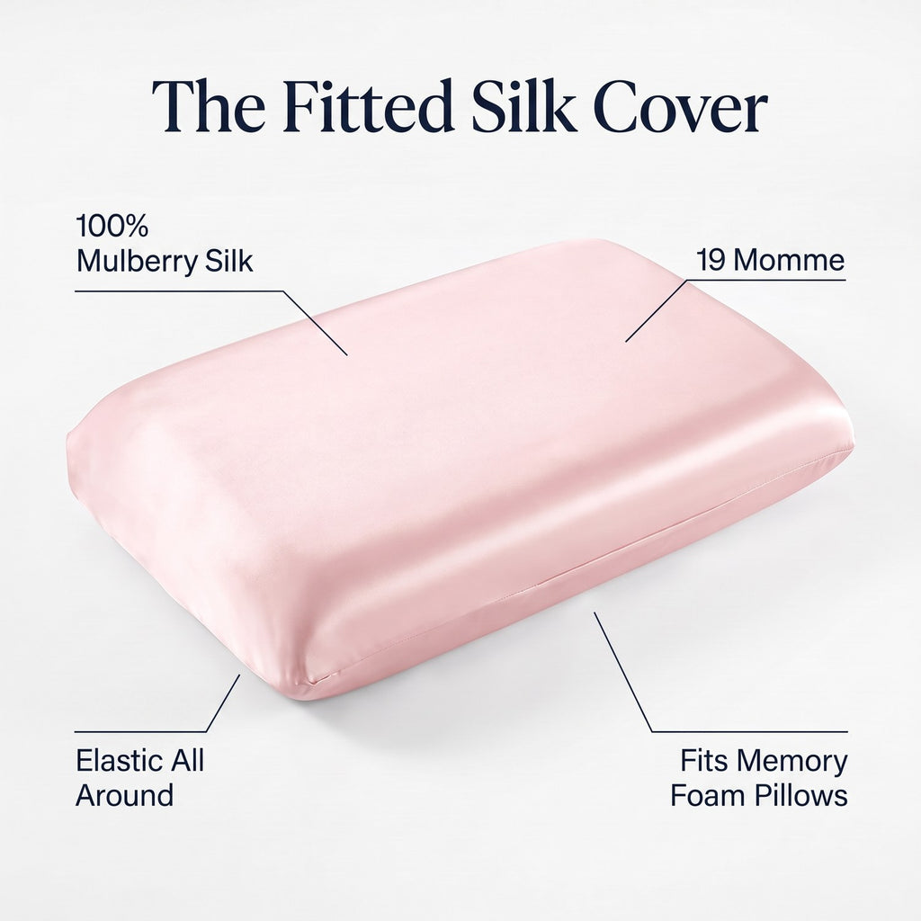 Features of the KINT fitted 19 momme mulberry silk pillow cover: 100% mulberry silk, 19 momme, elastic all around, fits memory foam pillows