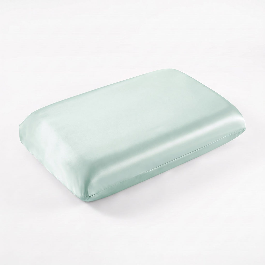 KINT fitted 19 momme mulberry silk pillow cover in Mint, on a memory foam pillow