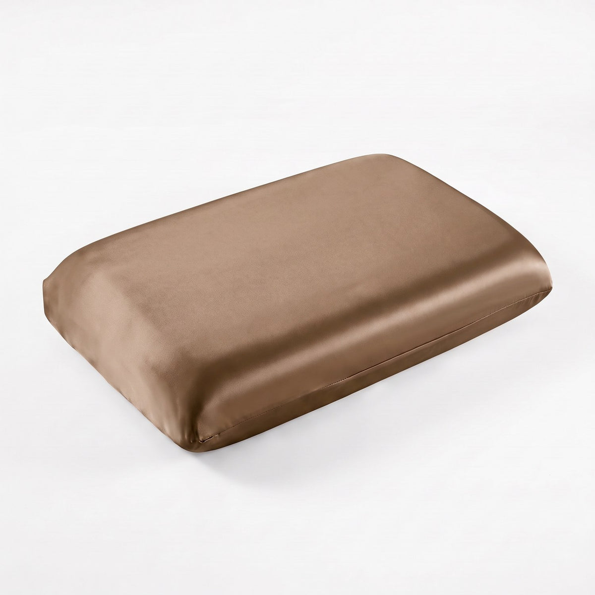 KINT fitted 19 momme mulberry silk pillow cover in Mocha, on a memory foam pillow