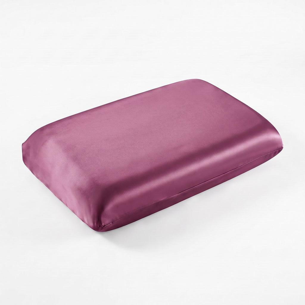 KINT fitted 19 momme mulberry silk pillow cover in Plum, on a memory foam pillow