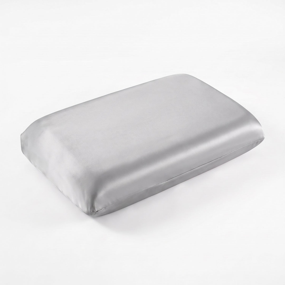 KINT fitted 19 momme mulberry silk pillow cover in Silver Grey, on a memory foam pillow