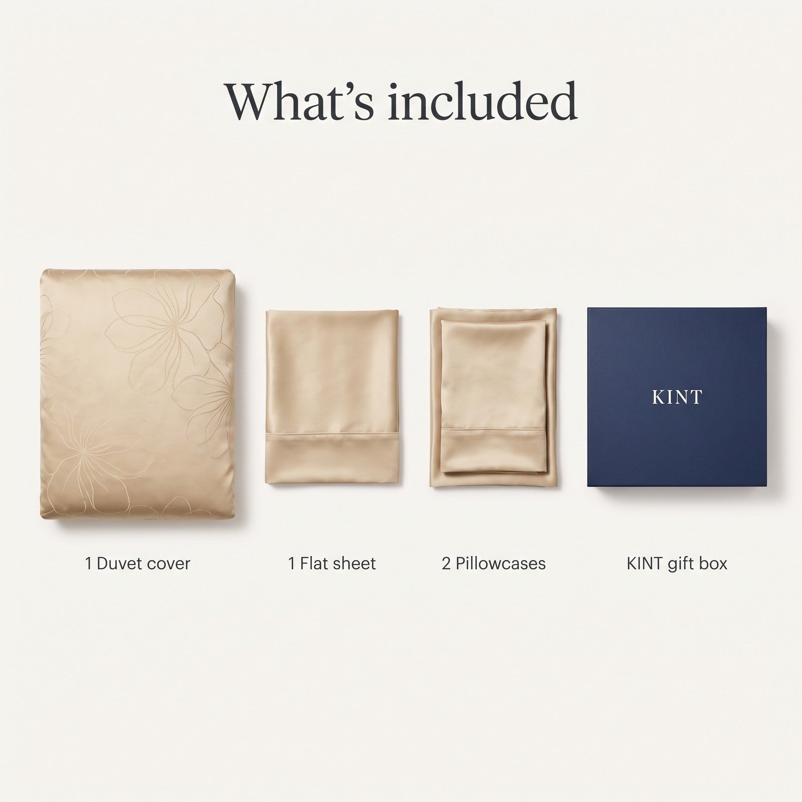 A duvet cover, a flat sheet, two pillowcases and a KINT gift box